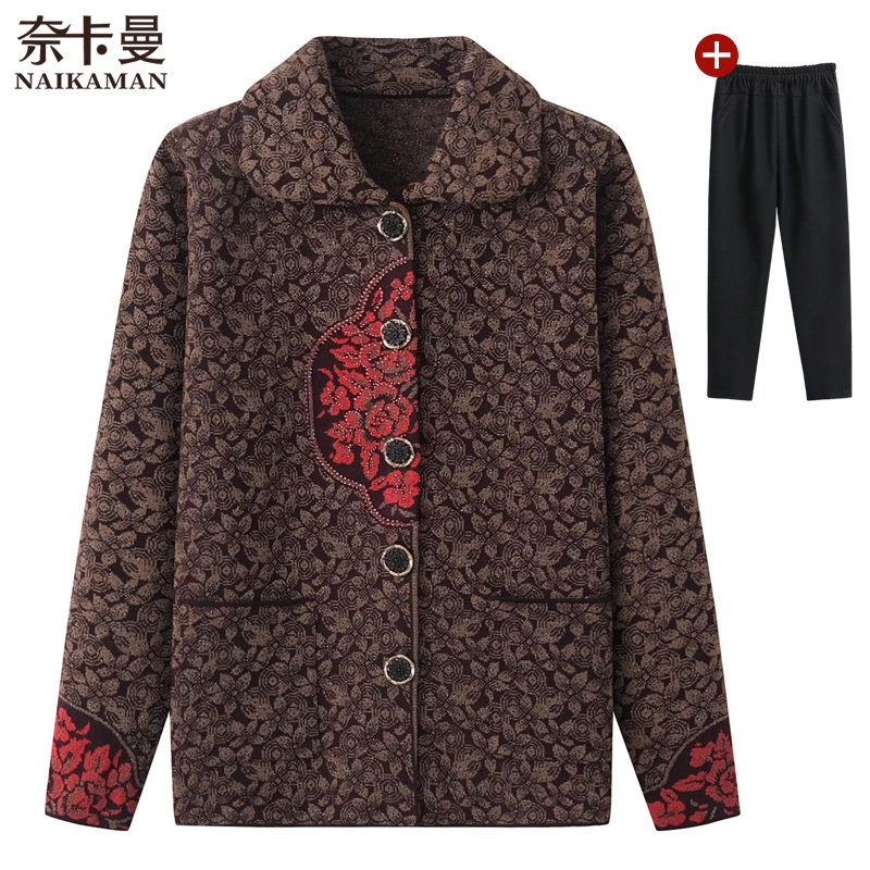 Elderly spring and autumn female grandmother knitwear lapel coat cardigan sweater old lady winter coat mother clothes