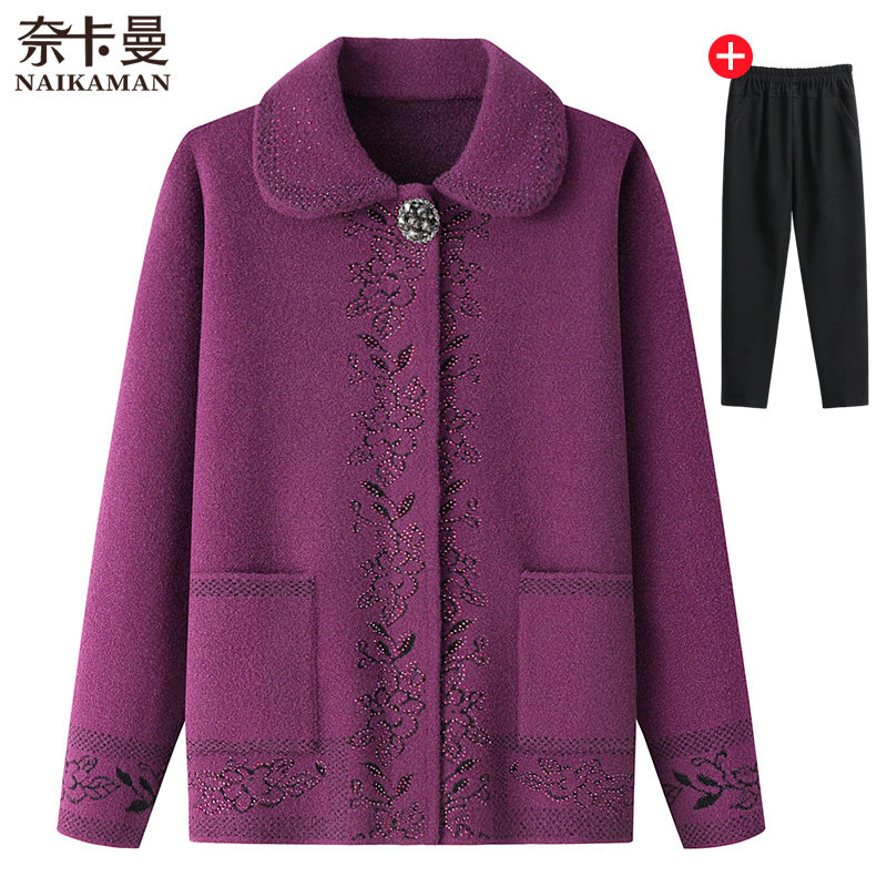 Mother's spring and autumn clothes crystal velvet cardigan sweater woolen coat lapel middle-aged and elderly women's autumn and winter grandmother's coat