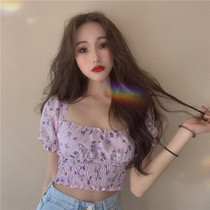 Student retro temperament square collar slim flower top womens summer new short sleeve short Korean T-shirt ins tide