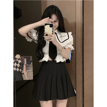 Turn-over tide short section Body Pleated Bubble Sleeves Shirt Woman Spring Dress Short Sleeve Dew cord Waistcoat With Little Subblouse