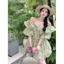 Small frescoed v collar Blister Harness with dress Waist Temperament strap Broken Flowers New Aword Short Skirt Spring Dress Lady