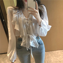 Design sense niche ruffle cross lace-up short chic wild 2021 spring long sleeve shirt top women