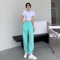 Pants woman white sports pants small substraight drum leather pants with slim new blue loose casual bunches long pants