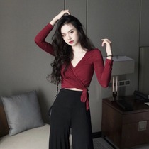 Summer sexy foreign style fashion v-neck tie-up T-shirt short temperament spring high waist wide leg pants goddess two-piece set