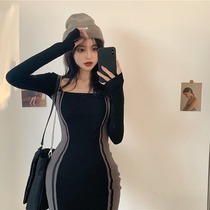 Fa-style retro black square collar Hepburn dress Spring dress New tight body 2022 Conspicuic Slim Fit Children Dress Temperament