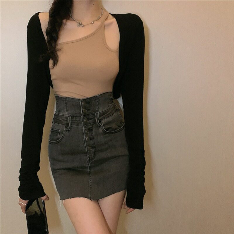 New pure desire small crowd black high waist hot girl half dress sexy denim half body short skirt small hip skirt child
