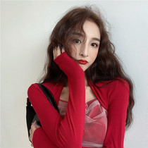 Spring and summer long-sleeved slim mesh base shirt coat womens inner tie 2021 new sexy pullover T-shirt ins tide