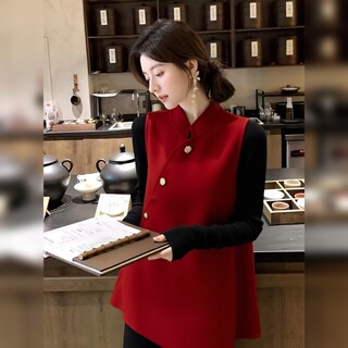 Elegant and Refined Style, Improved New Chinese-Style Red Stand-Up Collar Diagonal Placket Vest for Women, Autumn and Winter New Style, Diagonal Hem New Year Top