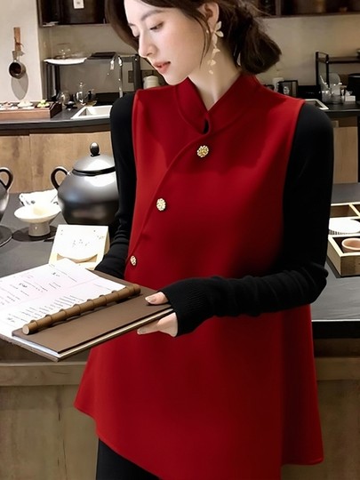 Estilo digno y elegante mejorado nuevo estilo chino rojo cuello alto chaleco con solapa inclinada para mujer otoño e invierno nuevo dobladillo inclinado top de Año Nuevo