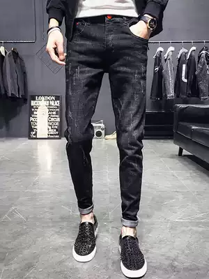 Jeans men slim body Korean fashion trend hole Black Spring and autumn 2021 new small feet casual Joker long pants
