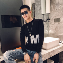 2021 early autumn clothes social guy Stripe slim slim fit round neck sweater Korean trend student printed mens clothing