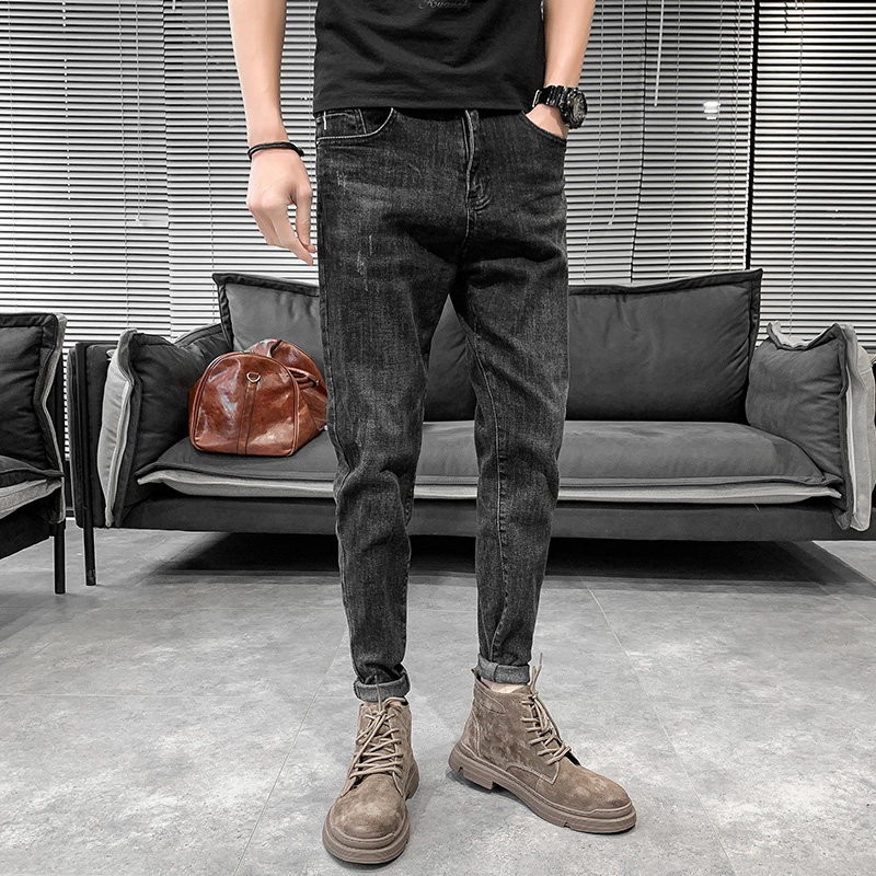 Fall/Winter 2021 Black Plush Brand Jeans Men Slim Little Feet Korean Edition Trend Versatile Cropped Pants
