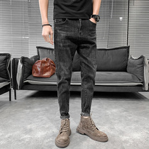 2021 autumn and winter black plus velvet Tide brand jeans mens slim feet Korean trend Joker nine-point trousers