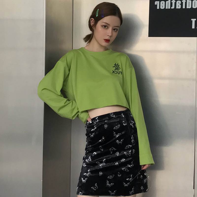 Summer Korean ulzzang Alphabet Smear tea Green retro thin female blouse with lukewarm velvety velvet half body