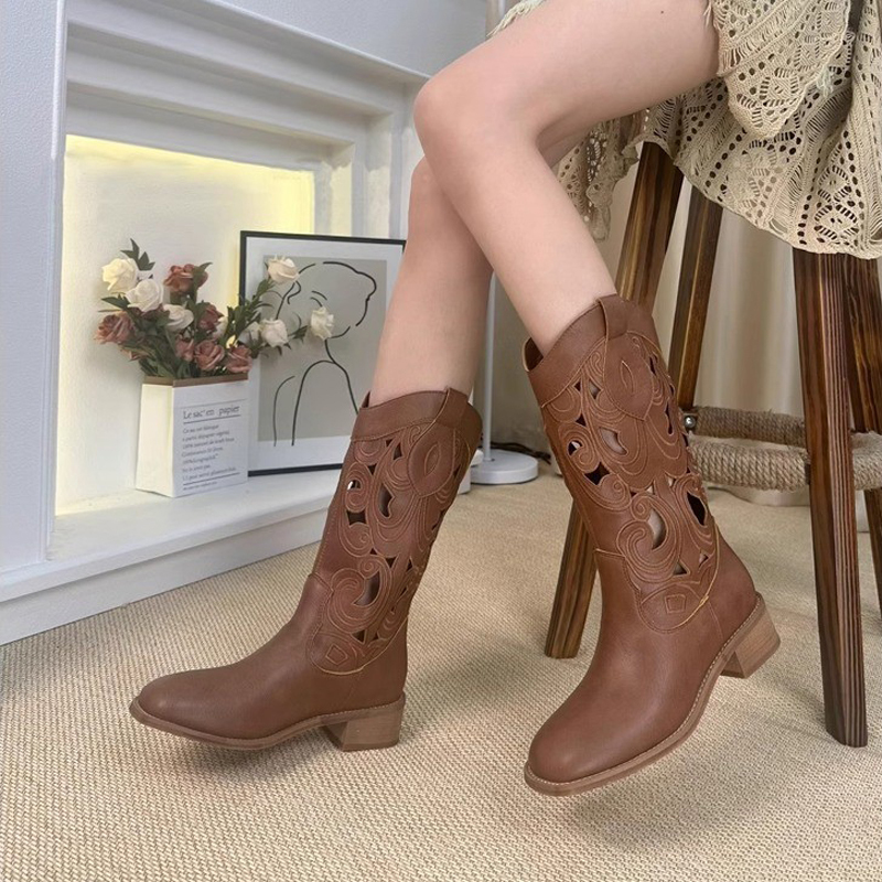 Genuine Leather Hollow-Out Western Cowboy Boots for Women 2026 Summer New Embroidered Brown Long Knight Boots High-Top Martin Boots