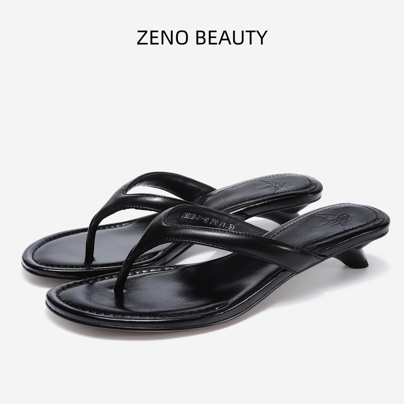 Zeno Beauty Black Genuine Leather Flip-Flops for Women, Suitable for Summer Wear, High-End Feel, Thong Sandals