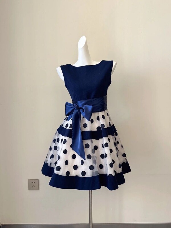 [Blue and White Old Style] Vintage Style Niche Dress, Summer Elegant Party Tie-Up Polka Dot Short Skirt