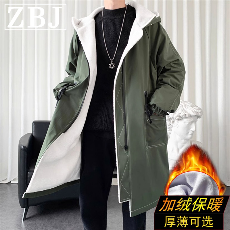 Medium length with a knee lamb velvet coat for men's autumn and winter advanced senses with cap jacket Inron wind plus suede thickened wind coat-Taobao