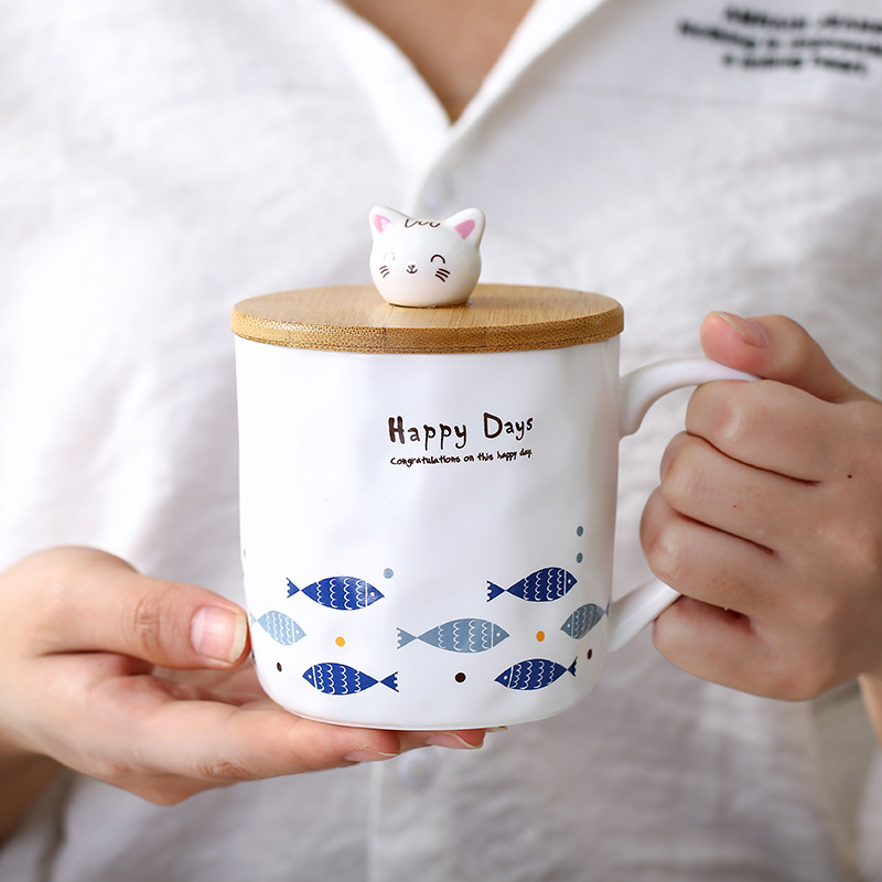 Creative net red with the same cup cat and fish mark ceramic cup cartoon with spoon with lid breakfast milk water cup