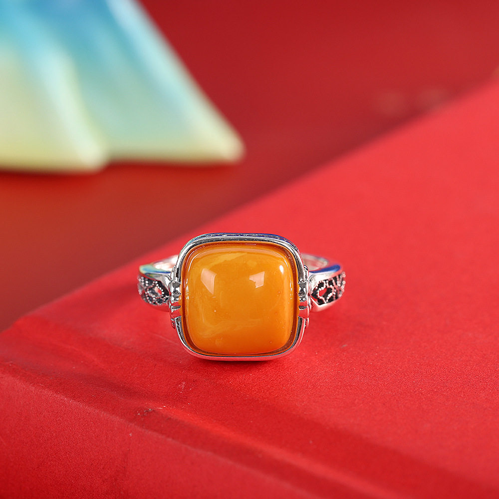 Chunfeng Sihan s925 silver aged Thai silver square beeswax ring women's niche design retro versatile open ring