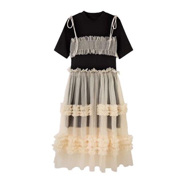 DIDDI ຕົ້ນສະບັບອອກແບບປອມສອງຊິ້ນຕາຫນ່າງ splicing lace ສັ້ນແຂນ dress fairy skirt pleated skirt ຍາວ skirt