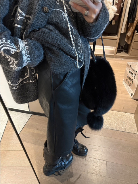 Black Diamond-Patterned Pu Leather Pants for Women, 2026 Spring New Style, Plus-Size, Loose Fit, Slimming, Petite, Five-Point Straight-Leg Bootcut Pants