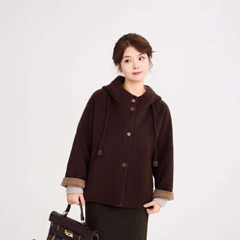 REST HEART 2025冬季新品 戴帽中长款斗篷双面羊毛大衣外套女