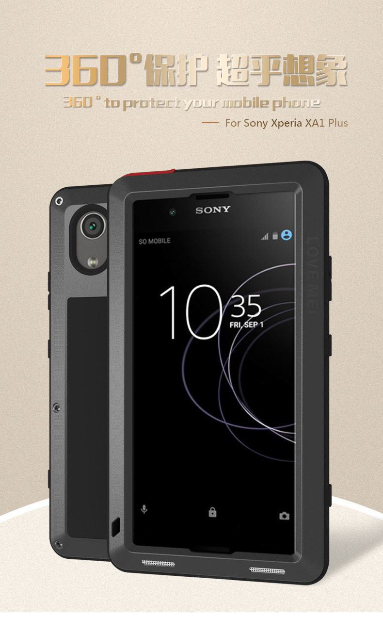 LOVE MEI Powerful Water Resistant Shockproof Dust/Dirt/Snow Proof Aluminum Metal Outdoor Gorilla Glass Heavy Duty Case Cover for SONY Xperia XA1 Plus