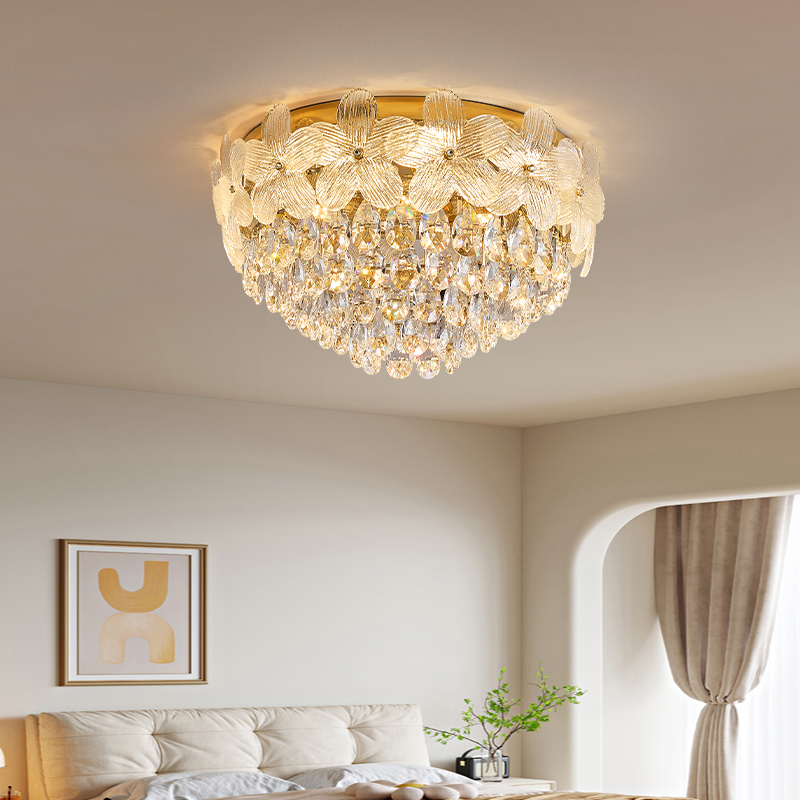Light Luxury Crystal Ceiling Lamp Led New Model Bedroom Dining Room Study Lamp Round Petal Shape Golden Lighting Fixture