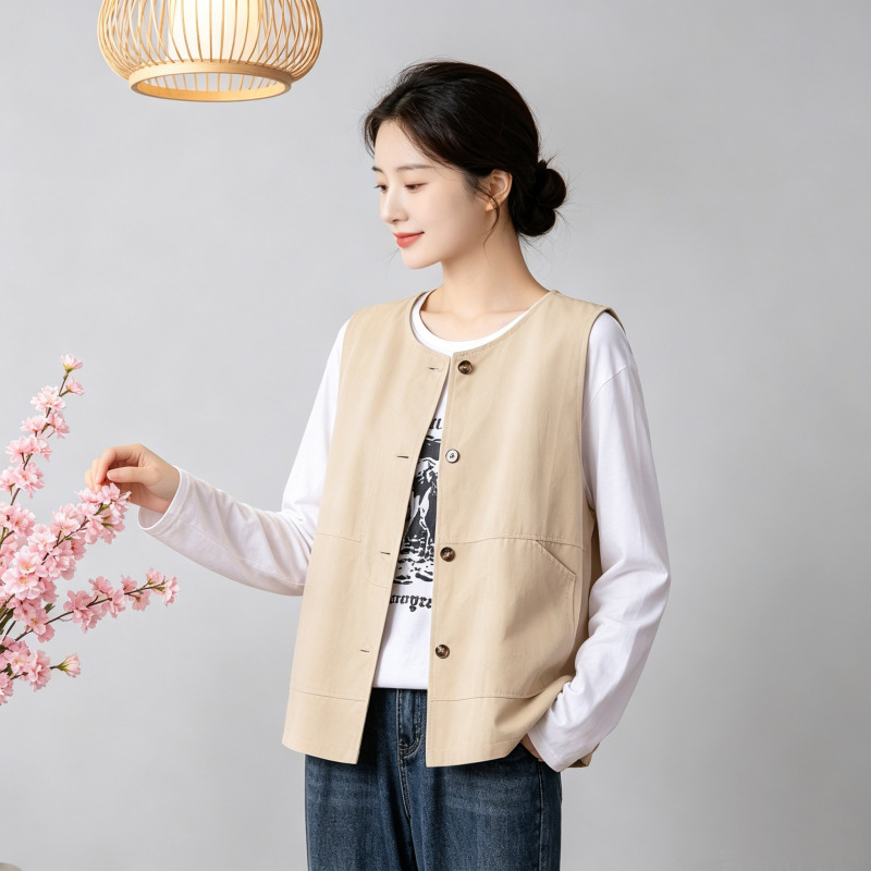 2026 Pure Cotton Vest, Retro New Style, Loose Fit, Slimming, Thin, Spring and Autumn, Round Neck, Sleeveless, Versatile Workwear Vest for Women 2026 Pure Cotton Vest, Retro New Style, Loose Fit, Slimming, Thin, Spring and Autumn, Round Neck, Sleeveless, Versatile Workwear Vest for Women
