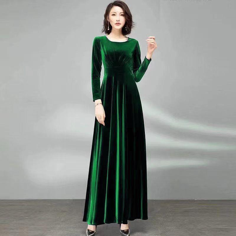 Fashion Women's Performance Group 2025 Spring and Autumn Velvet Long-Sleeve Long Dress with Waist-Cinching and Elegant Flared Skirt