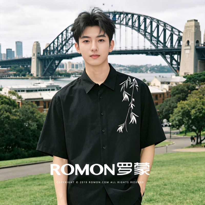 Romon Wedding Registration Embroidered Lapel Shirt for Men, Loose, Breathable, Casual, New Chinese Style, Bamboo Leaf National Style Short-Sleeved Shirt Romon Wedding Registration Embroidered Lapel Shirt for Men, Loose, Breathable, Casual, New Chinese Style, Bamboo Leaf National Style Short-Sleeved Shirt