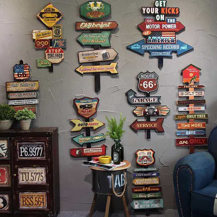 Industrial wind bar Internet cafe decoration pendant wall decoration retro nostalgic road sign pointing sign sign wall decoration