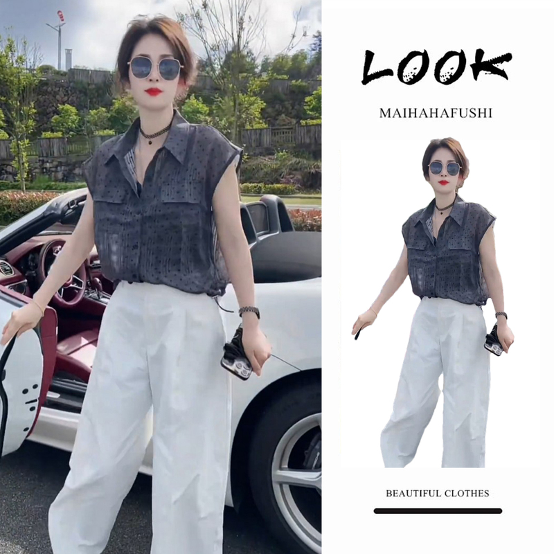 Elegant Mature Style Suit for Women, Summer Temperament Goddess Style, Commuting Casual Polka Dot Sleeveless Shirt, White Casual Pants Elegant Mature Style Suit for Women, Summer Temperament Goddess Style, Commuting Casual Polka Dot Sleeveless Shirt, White Casual Pants