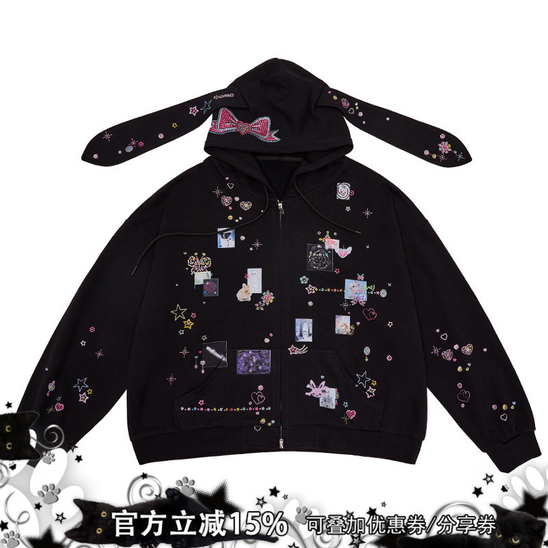 Cfierce 25 Spring/Summer Sticker Print Heavy Rhinestone Rabbit Ear Sweatshirt Jacket Cfierce 25 Spring/Summer Sticker Print Heavy Rhinestone Rabbit Ear Sweatshirt Jacket