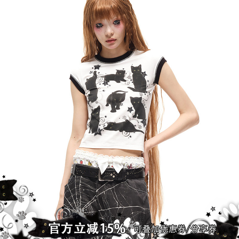 Cfierce Black Cat Print Short-Sleeved T-Shirt