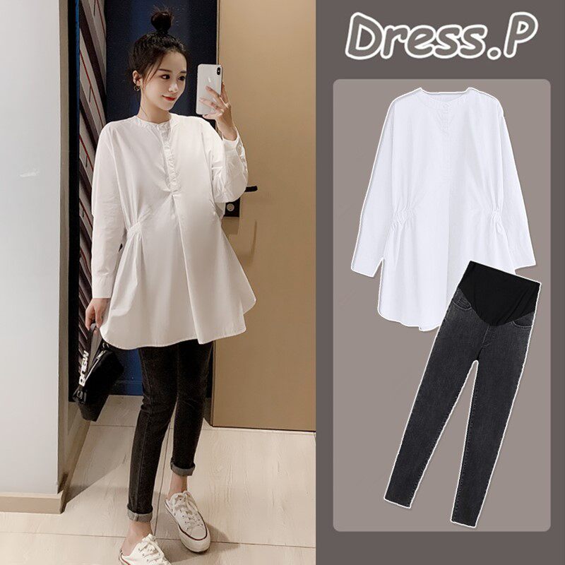 Pregnant women's autumn clothes short length sleeves Korean version pure cotton white shirt for work covered in spring and autumn during pregnancy fixture shirt