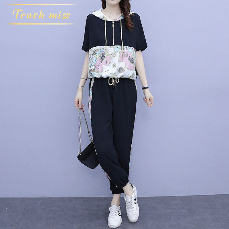 TOUCH MISS Light Extravagant Brands Sports Casual Suit Women Summer slim Lianhood short sleeves 90% pants Two sets