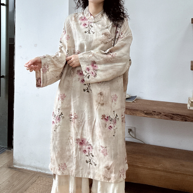 Early Autumn New Printed Pullover Sweat-Absorbent Drop-Shoulder Sleeve Dress Retro Front-Buttoned Everyday Linen Robe 99208 Early Autumn New Printed Pullover Sweat-Absorbent Drop-Shoulder Sleeve Dress Retro Front-Buttoned Everyday Linen Robe 99208