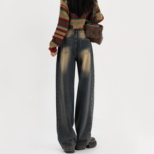 Ретро джинсы, осенние штаны, в американском стиле, высокая талия, свободный прямой крой