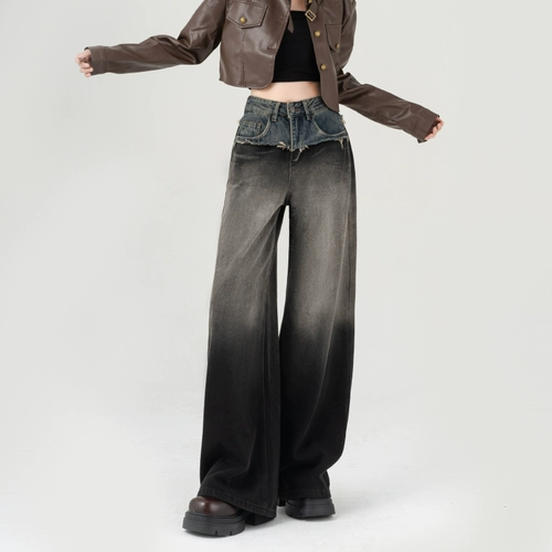 Цветные джинсовые осенние дизайнерские штаны, градиент, высокая талия, оверсайз, тренд сезона, свободный прямой крой