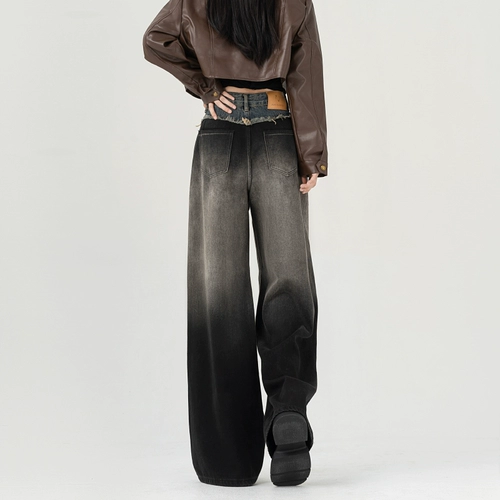 Цветные джинсовые осенние дизайнерские штаны, градиент, высокая талия, оверсайз, тренд сезона, свободный прямой крой