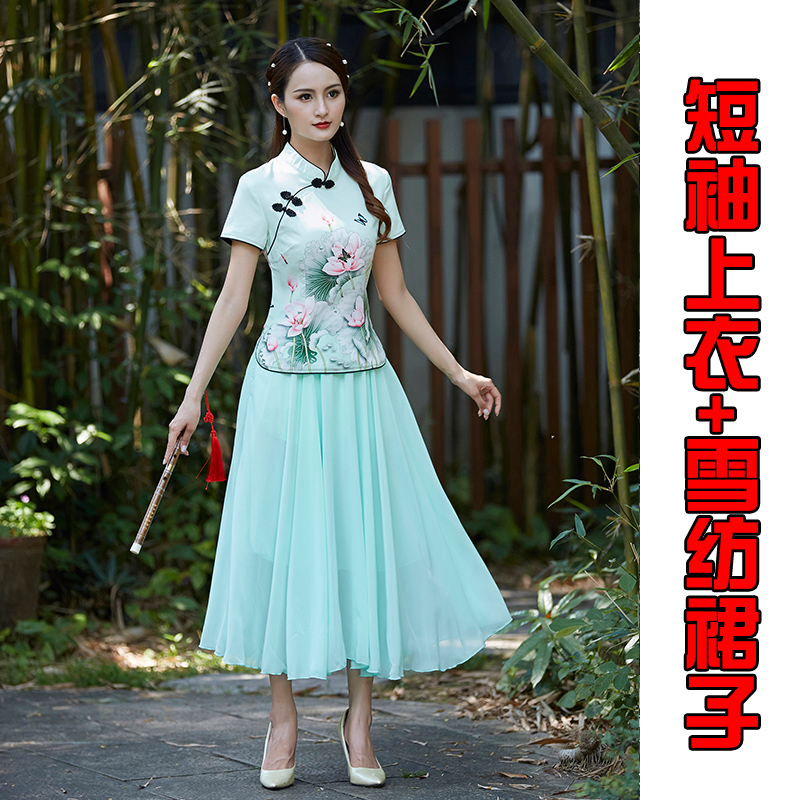 Mùa xuân và mùa hè mới cải thiện sườn xám hai mảnh set top phụ nữ Trung Quốc retro bảy tay Trung Quốc man gió quần áo Cộng hòa Nhân dân Trung Hoa Tang váy