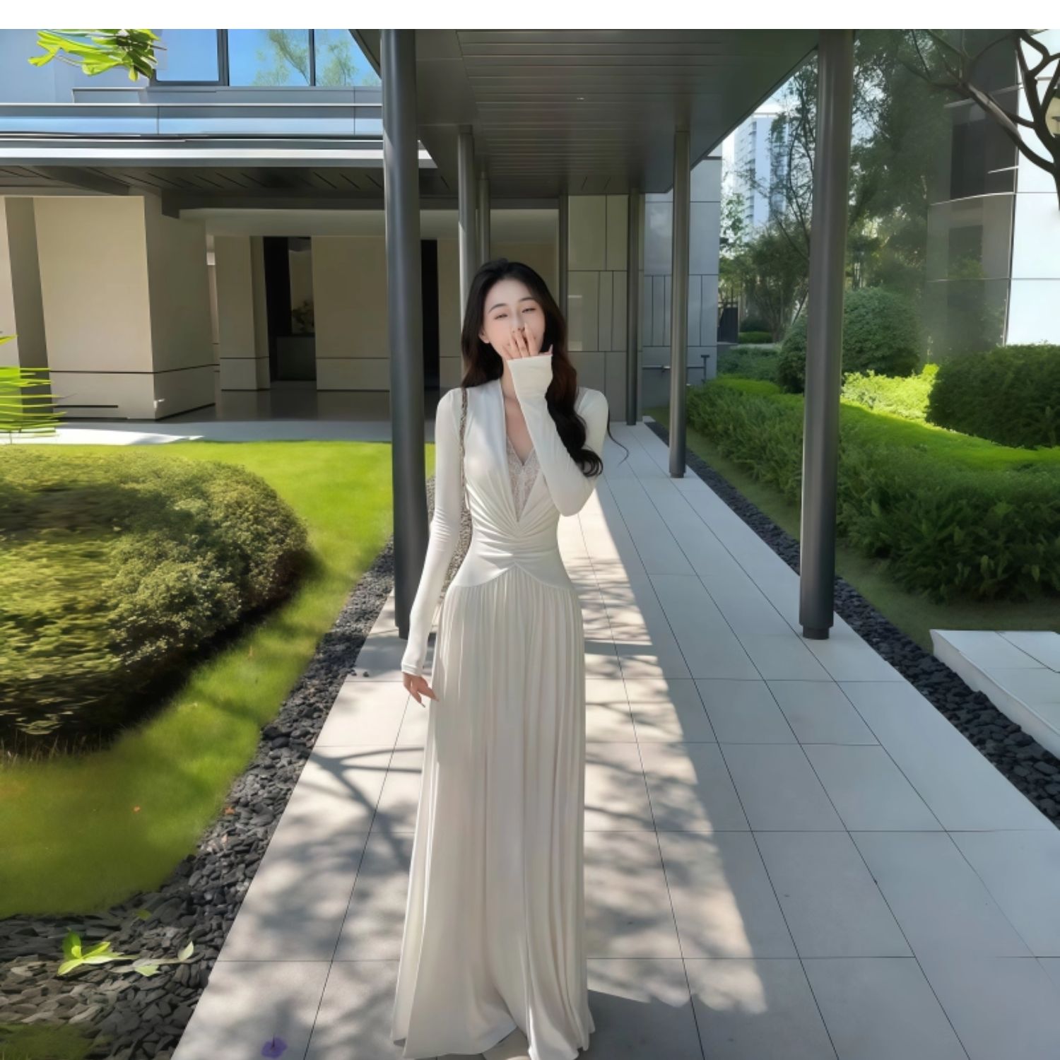 instahot 순수한 욕망 깊은 v 품격 데이트 화이트 여성 드레스 2026 봄 새로운 연회 레이스 드레스 상세 이미지 2
