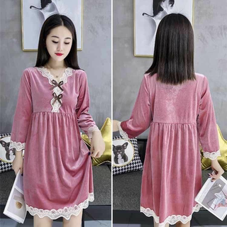 Velvet Nightgown for Women 2022 Autumn and Winter New Style Large Size Loose Slimming Look V-Neck Three-Quarter Sleeve Home Wear Fashionable Pajamas
