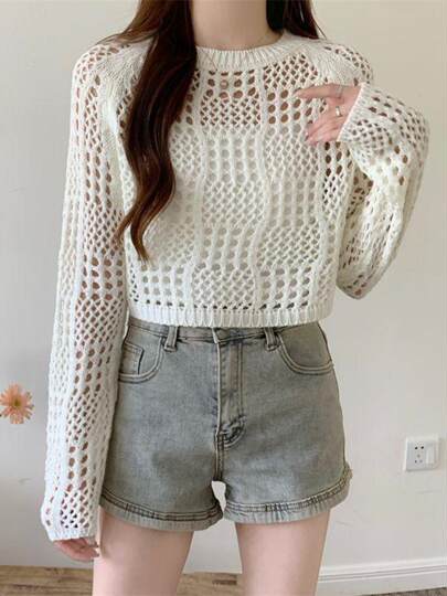 American retro hollow sun protection knitted blouse 2025 early spring new women's loose slimming solid color sun protection sleeves