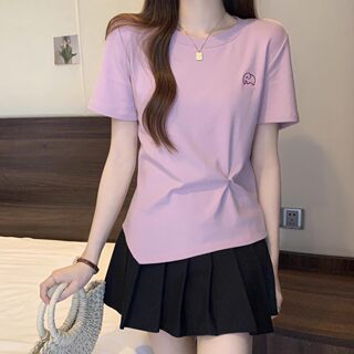 Plus Size Women's Regular Shoulder T-Shirt, Summer Short-Sleeve, French Style, Slightly Chubby, Tummy-Covering, Slimming, Unique Design, Irregular Health Ring