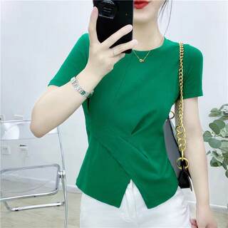 2024 Summer New Korean Style Irregular Slit Slimming Round Neck Short Sleeve Solid Color Plus Size Versatile Fashion Health Ring