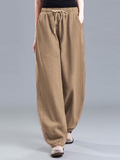 Cotton and Linen Drapey Lantern Pants for Women, Spring and Summer Vintage Loose Wide-Leg Casual Carrot Pants, High-Waisted Linen Pocket Pants