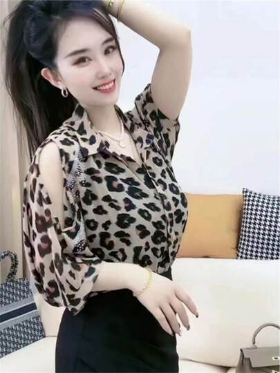 Hollow Off-Shoulder Hot Diamond Leopard Print Chiffon Shirt 2024 Summer New Design Mid-Sleeve Sun Protection Veil Mask